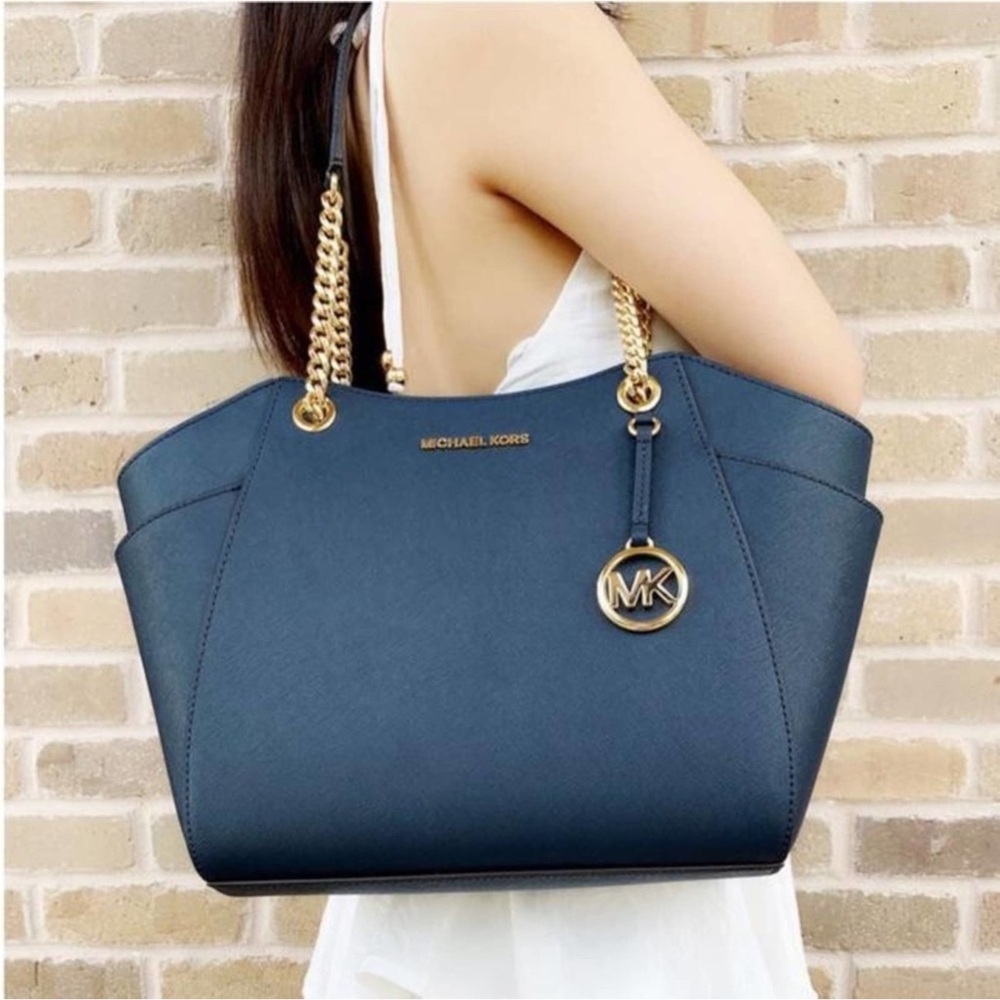 MICHAEL KORS Navy Blue Leather Jet Set Travel Gold-Tone Hardware Tote Handbag